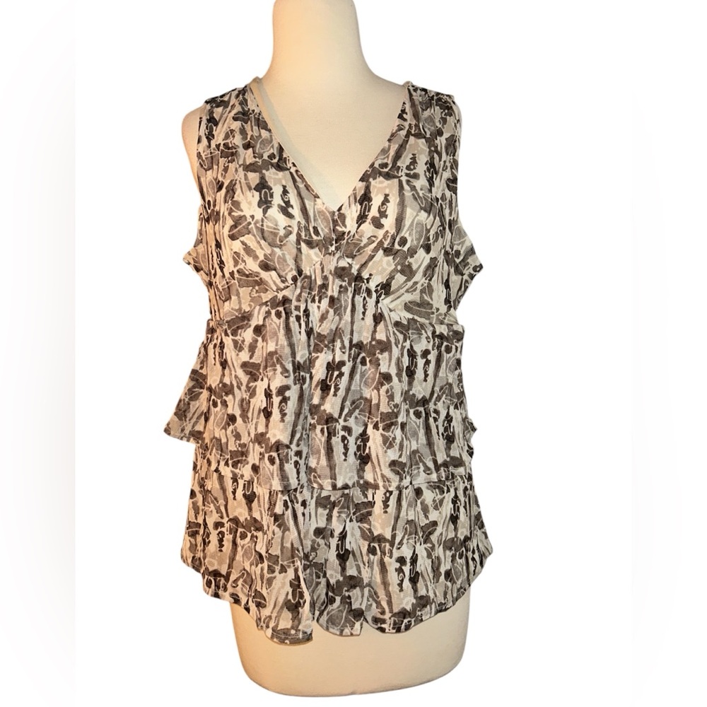 New York & Company V-Neck Blouse - Brown and Cream Print